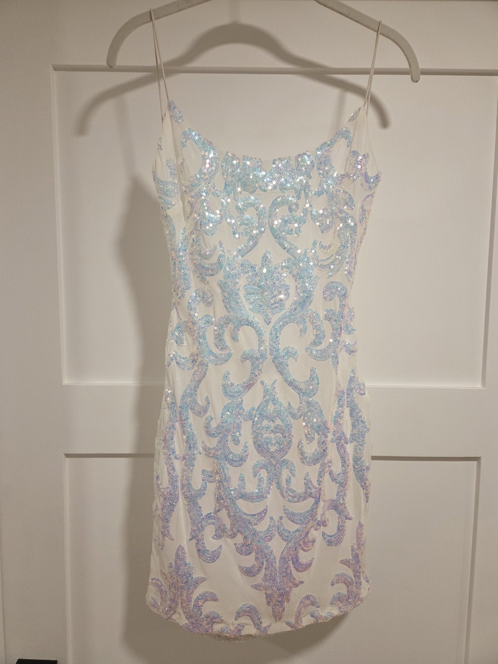 Iridescent Sequin Bodycon Mini Dress M White Blue Y2K Prom Homecoming Party - Picture 2 of 8